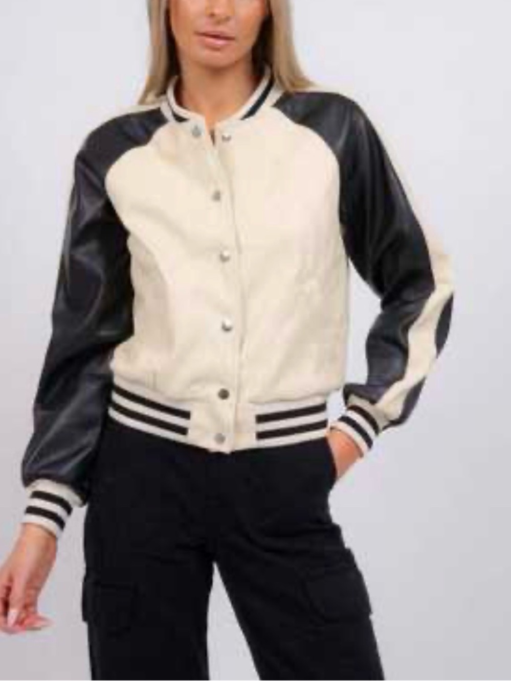 Anthropologie Cool Girl Cream and Black Varsity Faux Leather Bomber Jacket Sz S